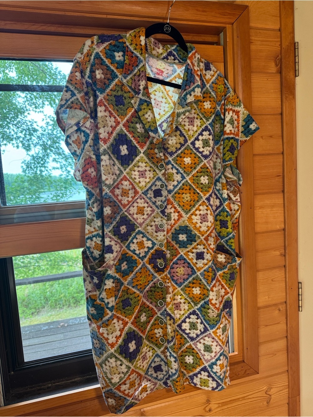 Women's Multicolor Crochet-Pattern Button Down Shirt Dress - Casual